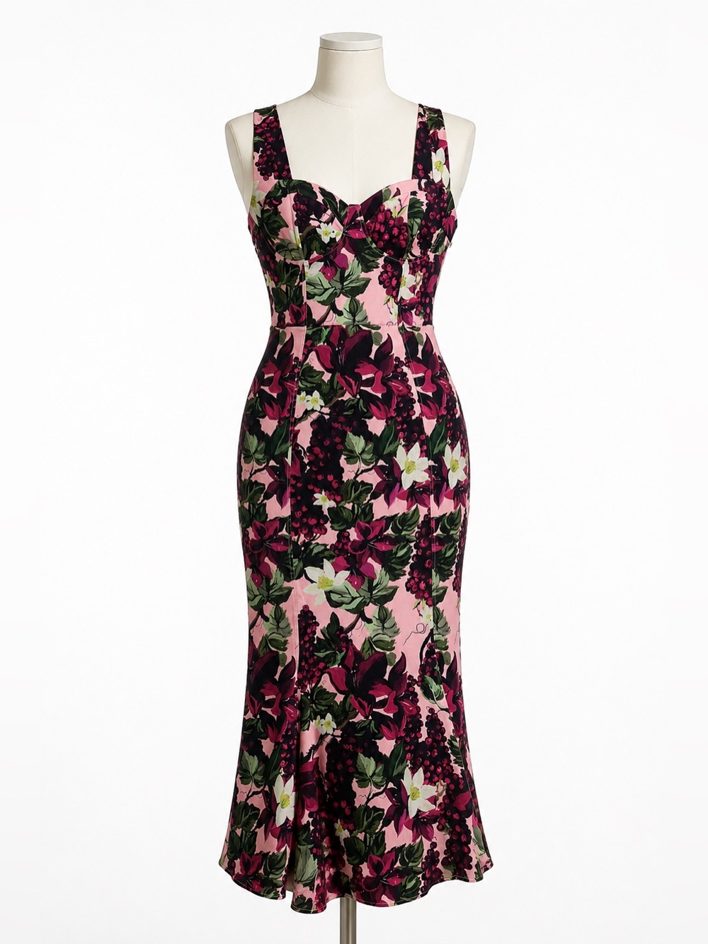 Zara Pink Floral Midi Dress with Green & Plum Print